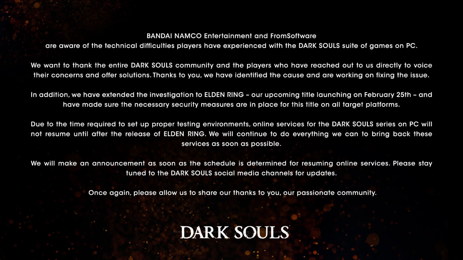 《黑暗之魂》在线服务器将在《艾尔登法环》发售后恢复