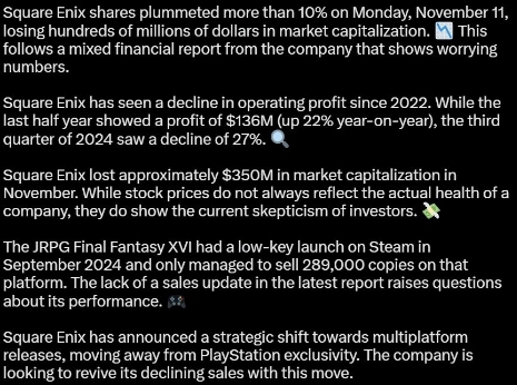 《最终幻想16》PC版发布两月后销量不足30万