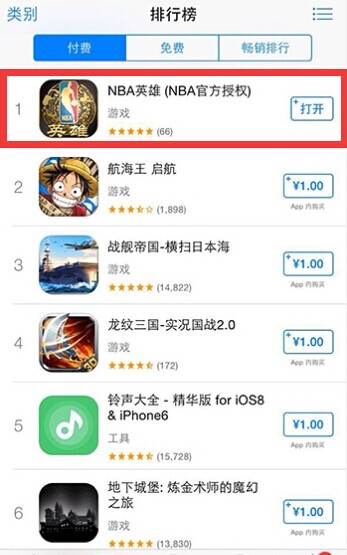 由NBA官方授权，大事科技有限公司自主研发的《NBA英雄》登陆AppStore。目前，游戏已经攀升至APP付费游戏榜单的第一位。jpg